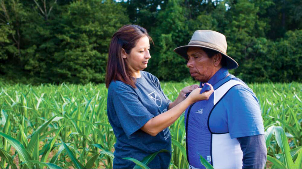 A woman in a blue t-shirt helps a farmworker in a hat put on a cooling vest while standing in a green cornfield.