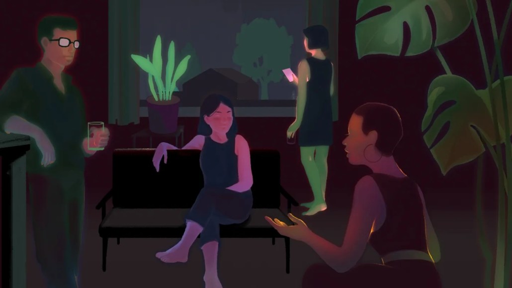 a group of glowing people chat in a dimly lit room