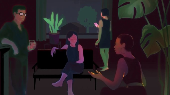 a group of glowing people chat in a dimly lit room