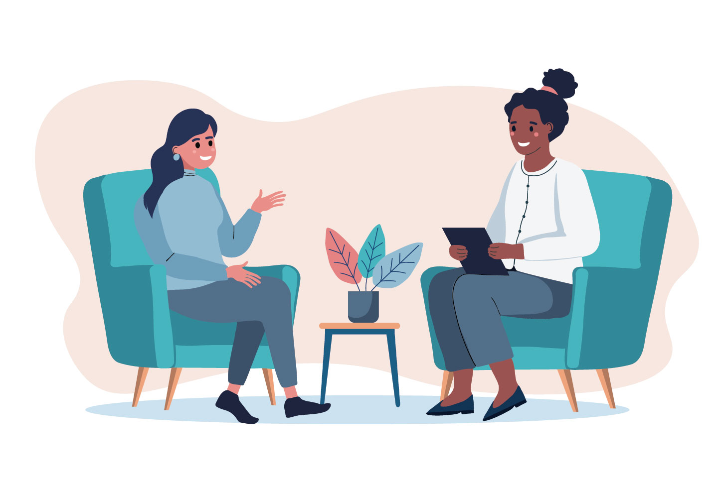 an illustration of two women talking together in a casual clinician setting