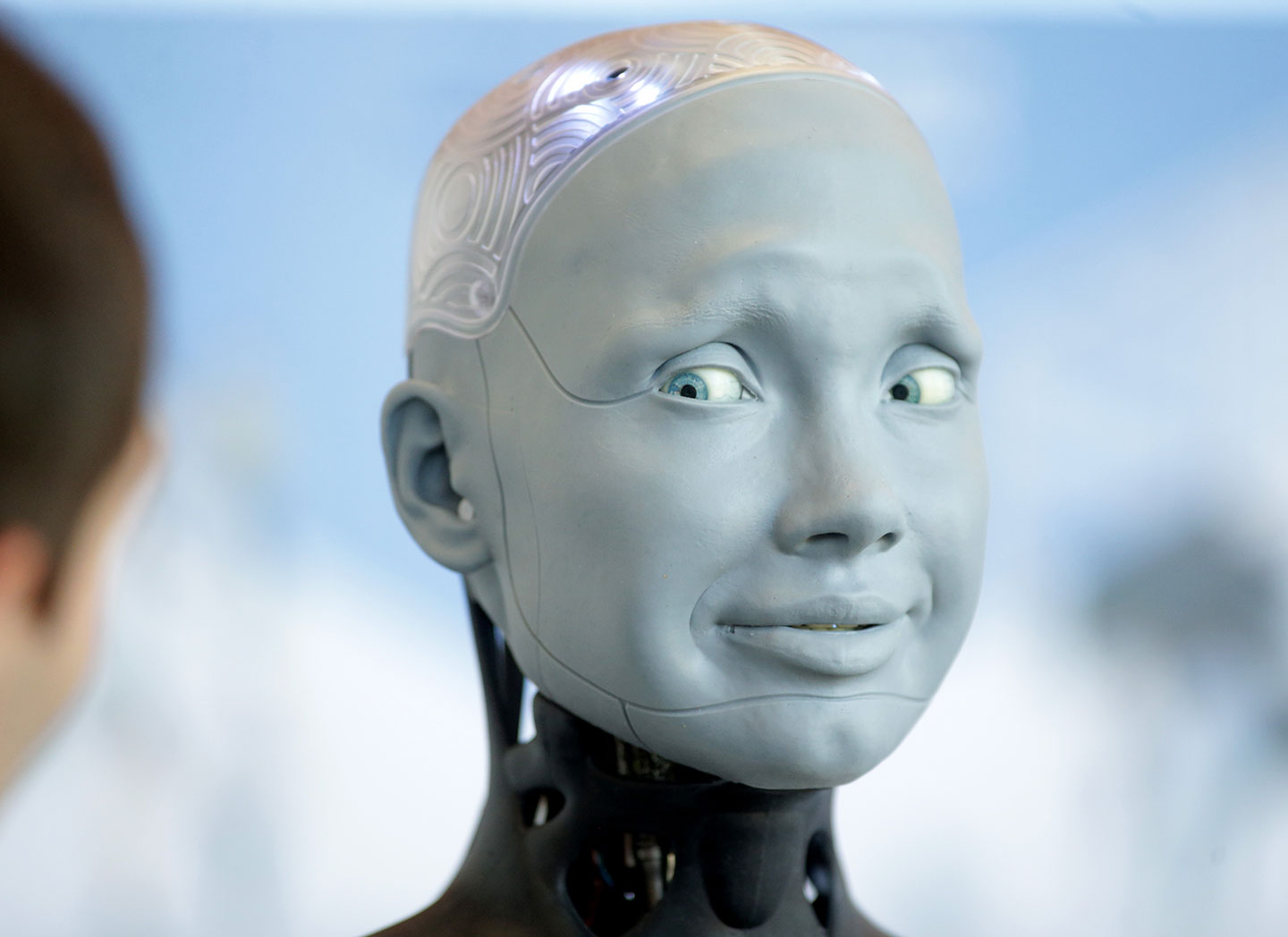 A photo of Ameca, a robot with a human-like face at nternational Telecommunication Union (ITU) AI for Good Global Summit in Geneva, on July 7, 2023.