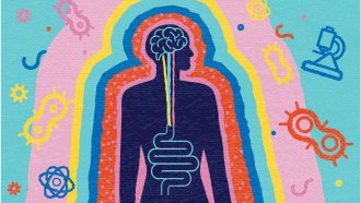 An illustrated banner showing a human silhouette with the brain and digestive system highlighted, with colorful layers shielding against surrounding immune threats like microbes and viruses.