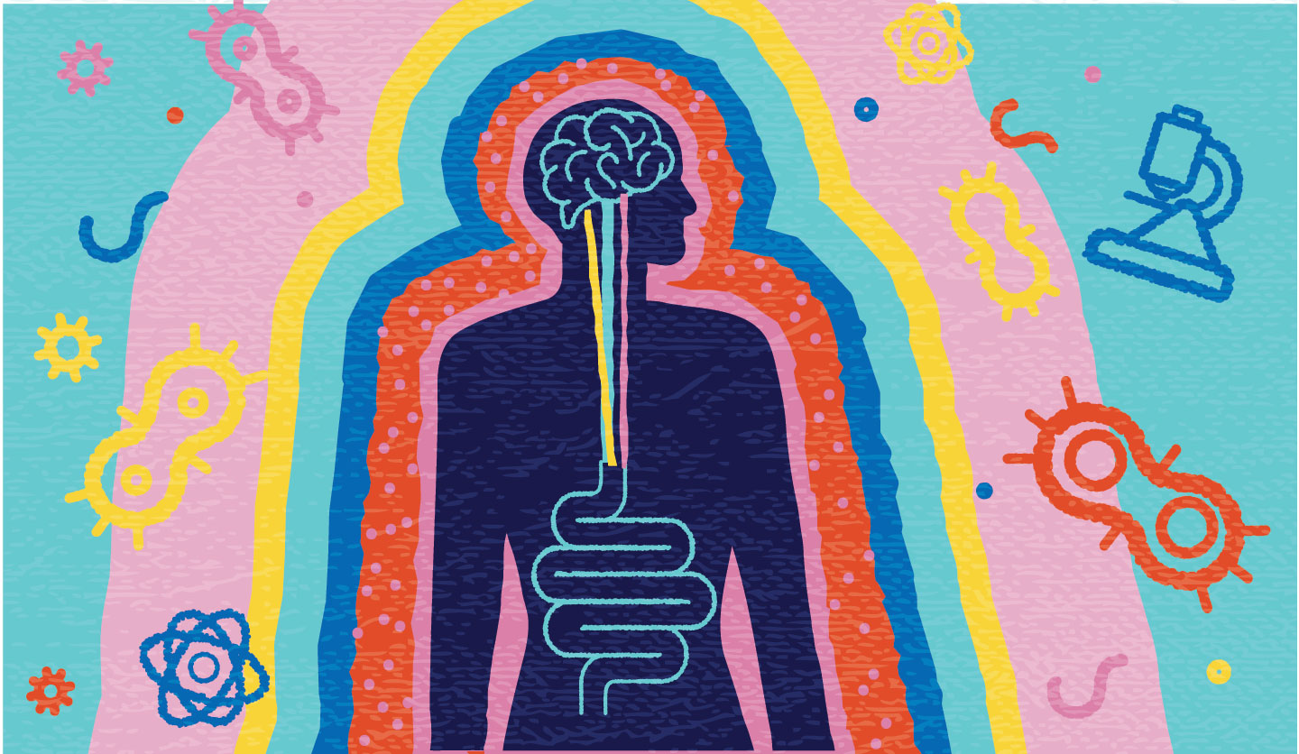 An illustrated banner showing a human silhouette with the brain and digestive system highlighted, with colorful layers shielding against surrounding immune threats like microbes and viruses.
