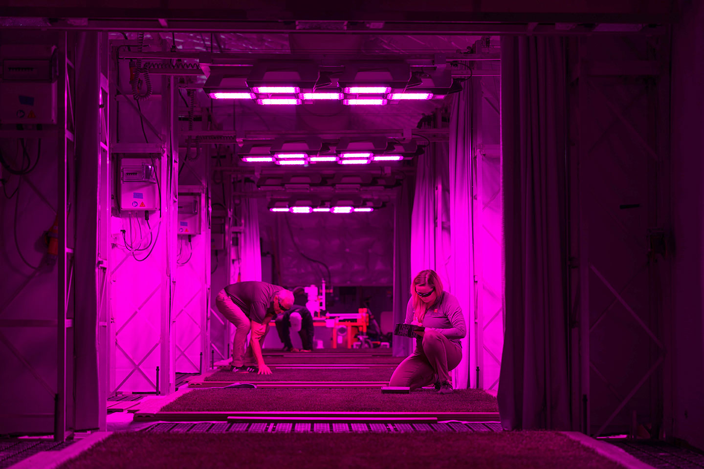 Two researchers crouch on the ground inside a dark enclosed space lit by pink lights mounted on the ceiling