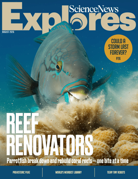 Cover image for the August 2026 issue of Science News Explores. The main image is a parrotfish eating coral.