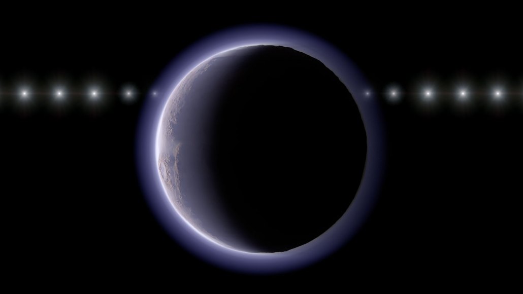 A distant icy world appears as a dark disk with a thin glowing halo of an atmosphere, with a line of repeated bright points showing a distant star at multiple positions.