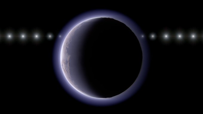 A distant icy world appears as a dark disk with a thin glowing halo of an atmosphere, with a line of repeated bright points showing a distant star at multiple positions.