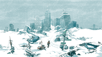 Illustration of a person walking through a snowy, post-apocalyptic city in an ice age with collapsed skyscrapers, buried cars, and heavy snowfall covering the ruins.