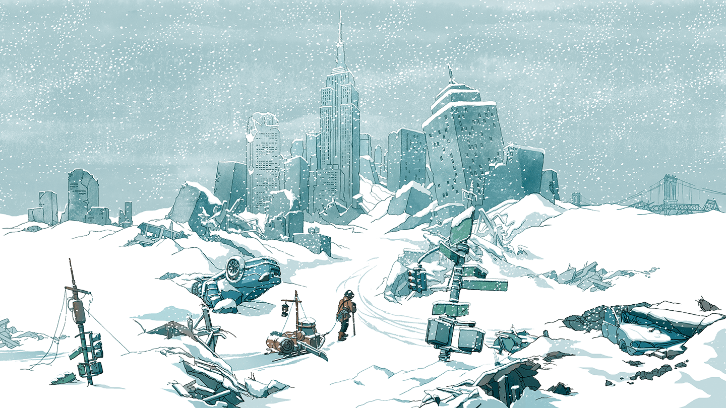 Illustration of a person walking through a snowy, post-apocalyptic city in an ice age with collapsed skyscrapers, buried cars, and heavy snowfall covering the ruins.