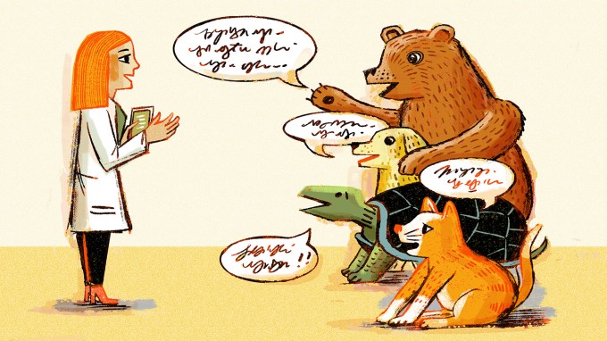 An illustration shows a woman holding a tablet and appearing to talk with a variety of animals (a bear, dog, turtle and cat). The animals each have speech bubbles with what looks like a scribbled language in them.