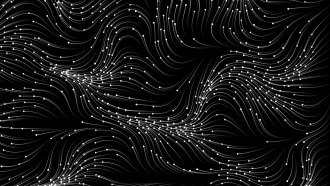 A black background with white wavy lines in patterns and white dots at the top of each line, meant to represent photons