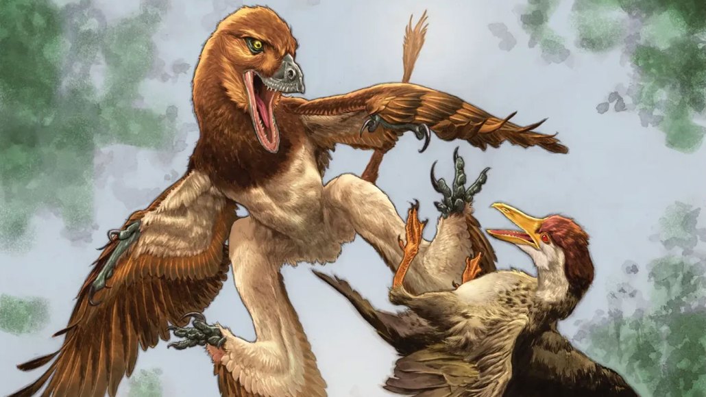 A brighly colored illustration of a large birdlike dinosaur attacking a bird
