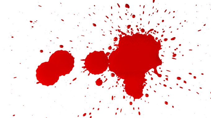 a splatter of red paint against a white background, meant to mimic blood spatter at a crime scene