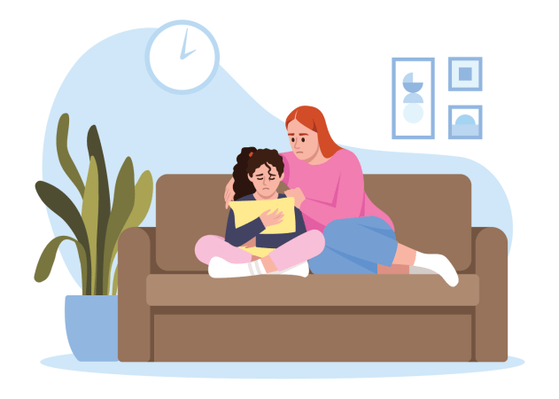 a woman and a teen girl sit on a sofa, the girl is hugging a pillow and looks very sad. The woman looks concerned and supportive.