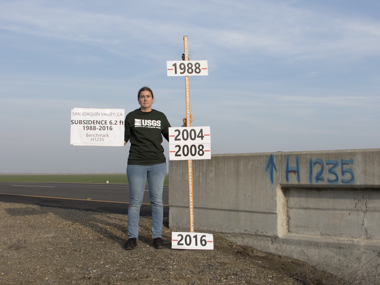 a woman stands on sloped ground, holding up meter sticks that show where the land used to come up to, decades ago