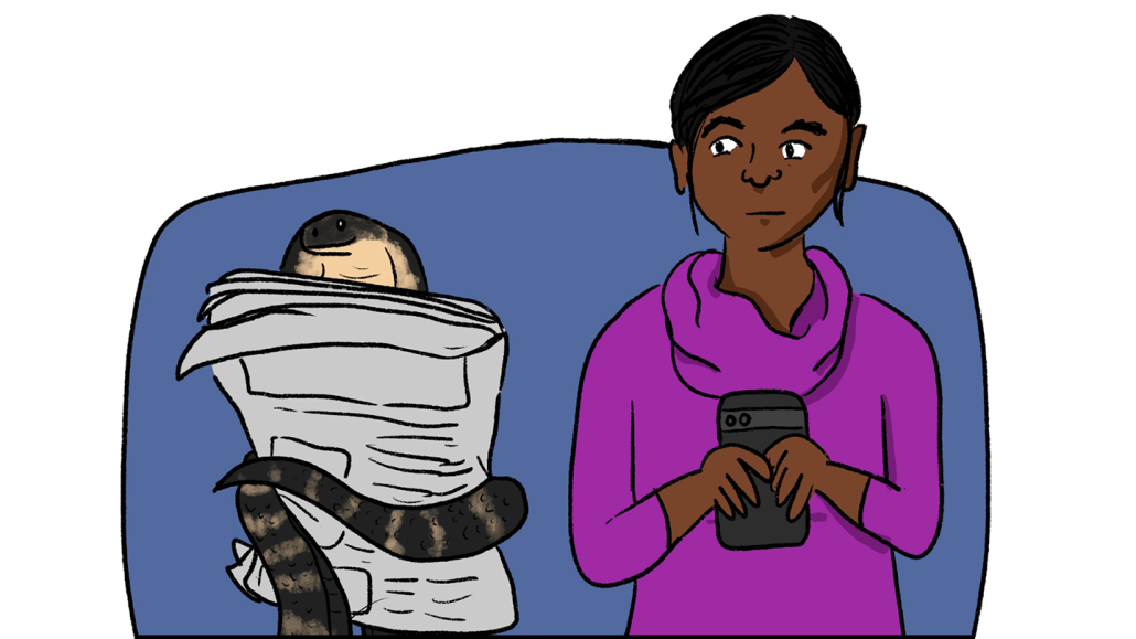 A hand drawn illustration showing a woman sitting on a train. She looks up from her phone to side-eye the passenger sitting beside her — a snake that is reading a newspaper.