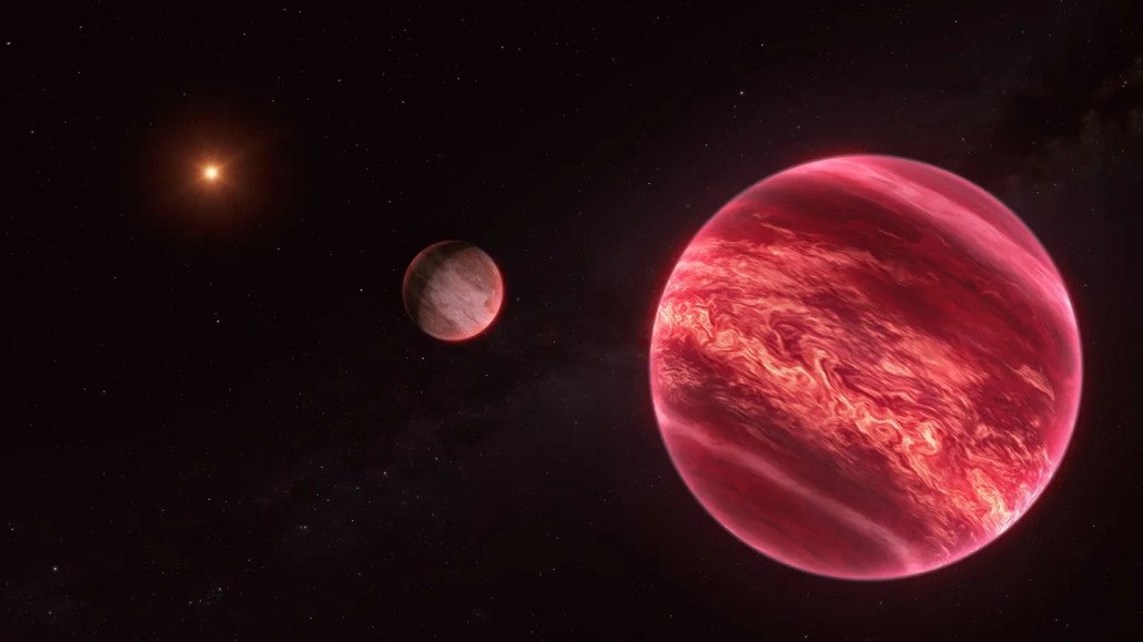 an illustration of a reddish orb in foreground that's a brown dwarf, a puffy red Jupiter-like object in midground that's subject to debate about whether it's a moon or planet, and a small bright dot in far background that represents a star