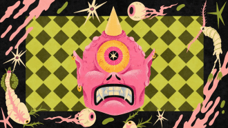 An illustration of a cyclops head in shades of green and pink