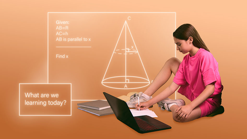 an illustration with a girl doing homework in front of a laptop, in the background is an illustration of a math problem