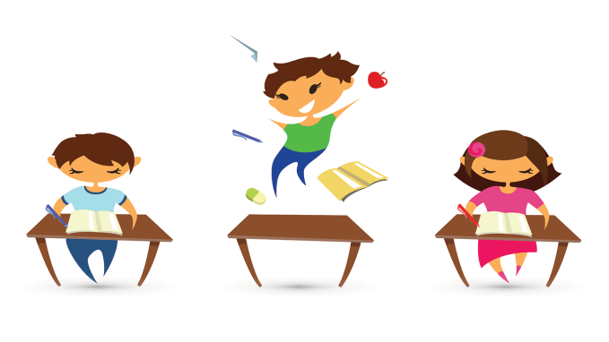 an illustration meant to represent ADHD showing three kids sitting at desks in a classroom, except that the middle kid is jumping out of their chair jubilantly