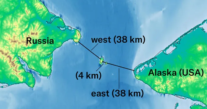 A schematic of several dams totaling 80 kilometers in length across the Bering Strait, which may help strengthen the AMOC, researchers say.
