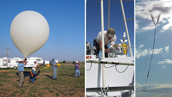 a composit of three images, the first on the far left showes a microbe collector being launched uusing a large whie balloon, the right image is another larger balloon used to sample airborn microbes, the middle image show other experiments along with the microbe catcher that were launched into the atmosphere via balloon