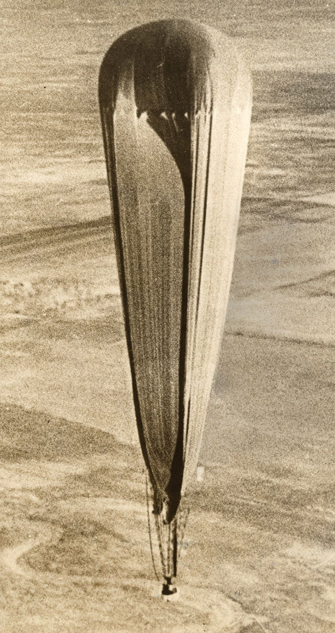 an image of a 1935 balloon in sepia tone over South Dakota
