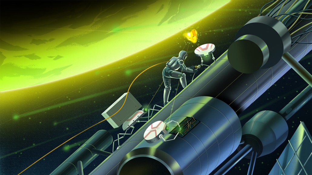 An illustration depicts a space traveler repairing the outside of a spaceship. An AI interface assists.