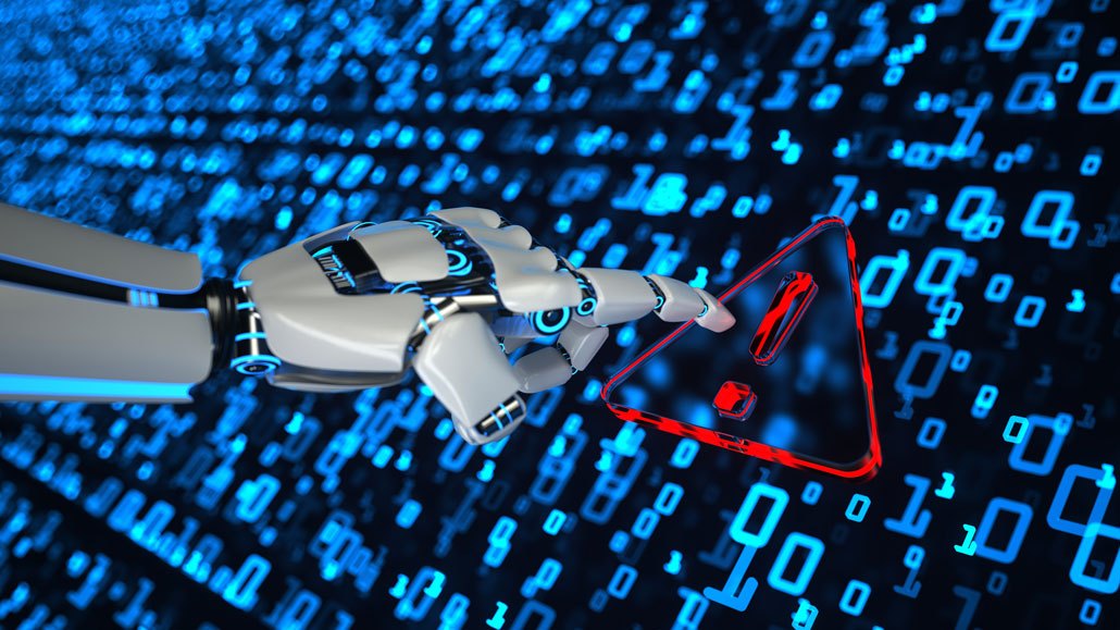 an illustration of a robot hand pressing a red exclamation point on a screen full of blue symbols