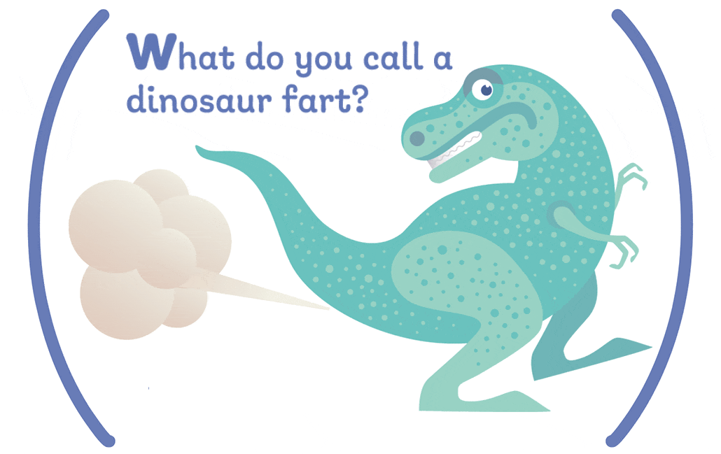 A cartoon dinosaur farts. Text on the image reads 'What do you call a dinosaur fart? A blast from the past'