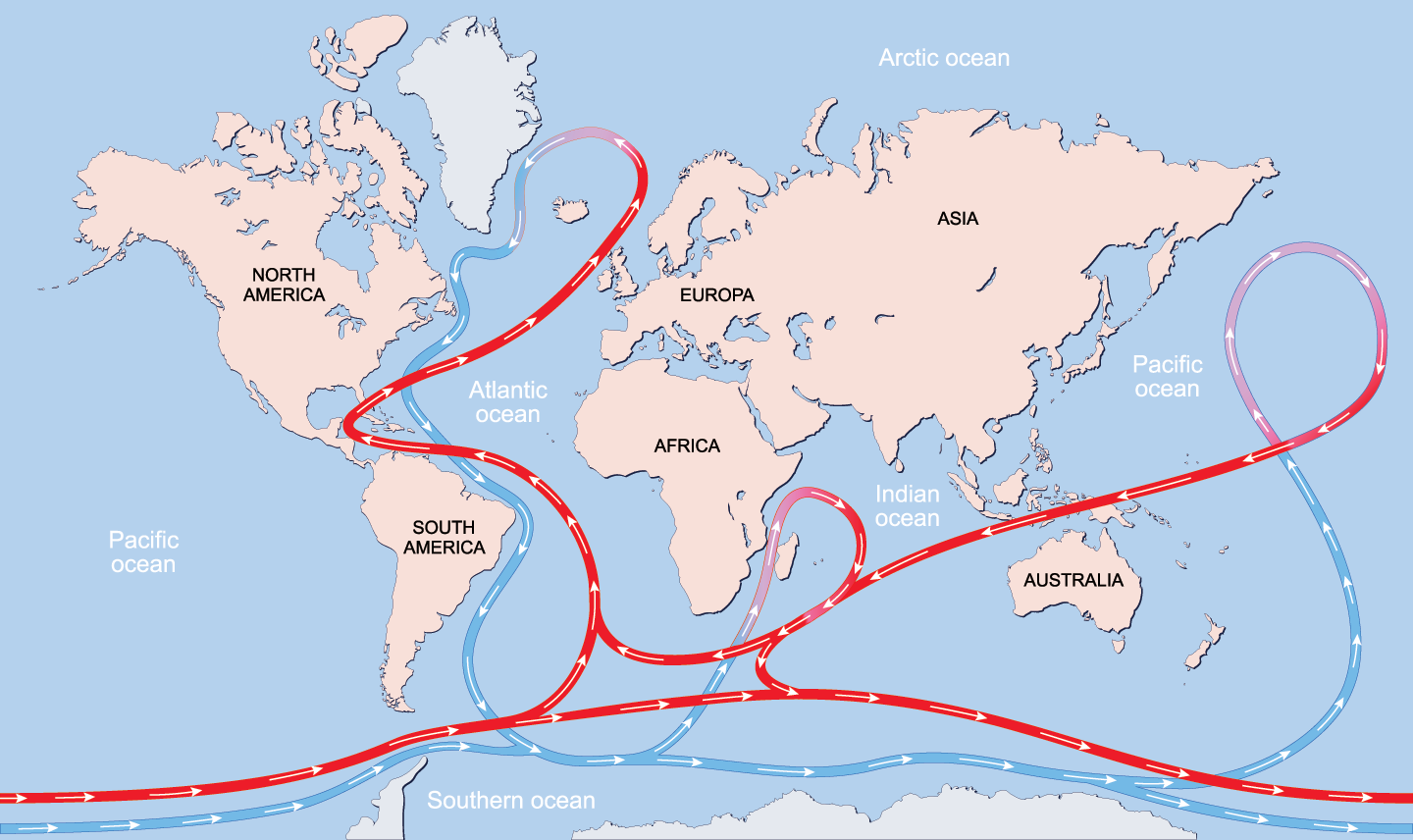 a map showing how surface ocean currents and deep water currents move through the oceans