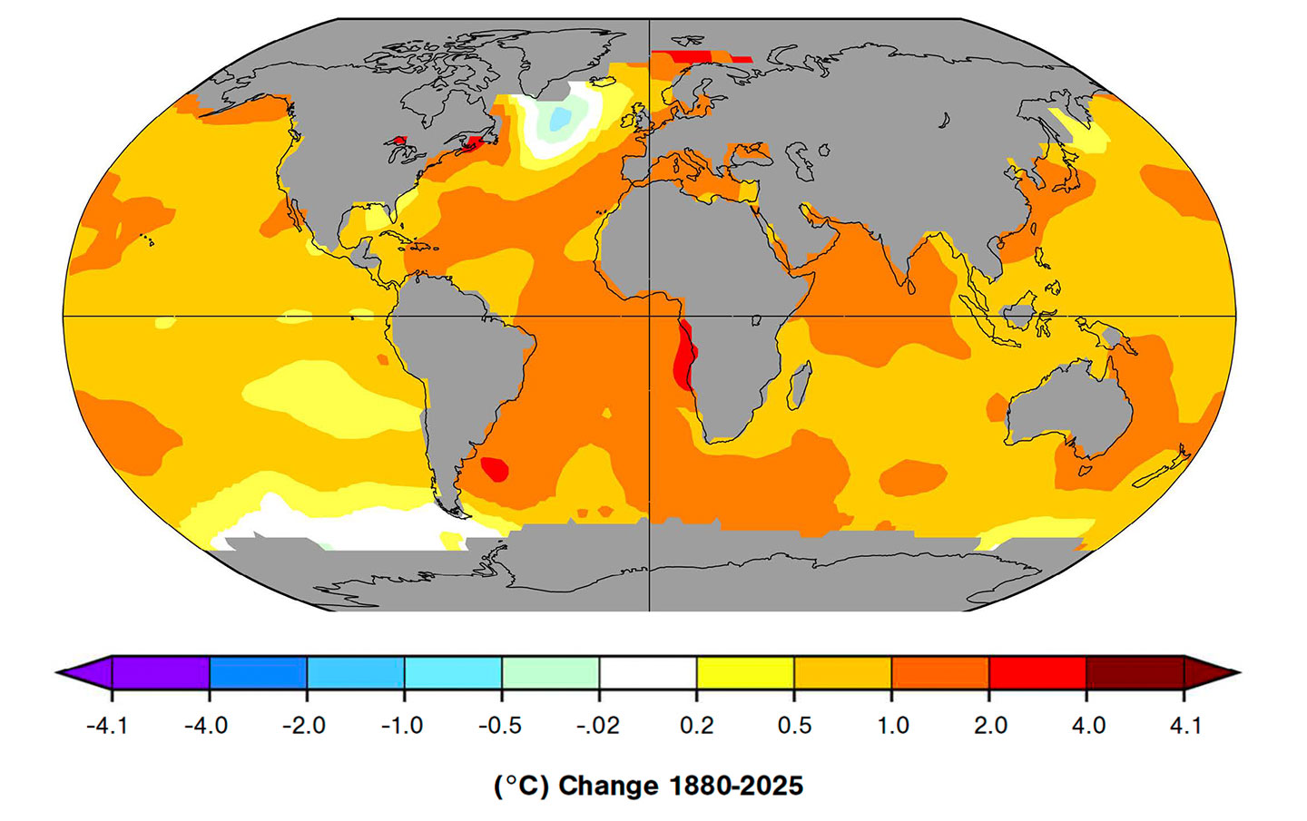 World map showing how ocean temperatures have changed from 1880 to 2025. Most oceans warmed, shown in yellow and orange. A cool patch in the North Atlantic south of Greenland is shown in light blue.