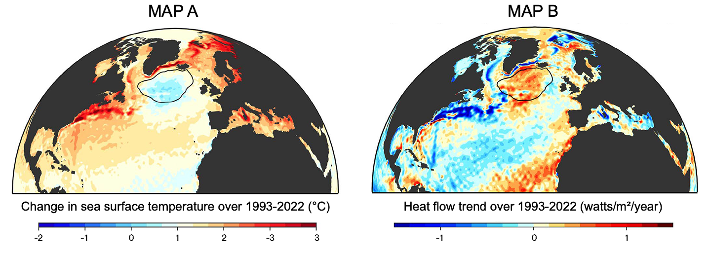 Two maps of the North Atlantic. Map A shows sea surface temperature changes from 1993 to 2022, with most areas warming in red and a cool blue patch circled near the middle. Map B shows heat flow trends over the same period, with the same region circled. Blue indicates cooling and red indicates warming.