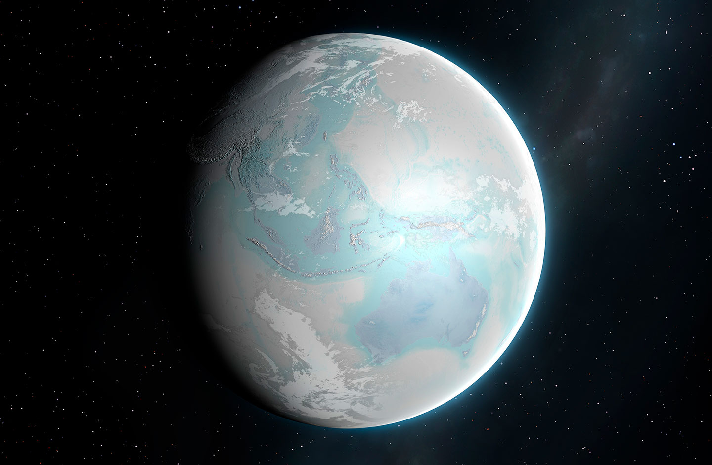 an illustration showing a frozen Earth, from space, in whites and pale blues