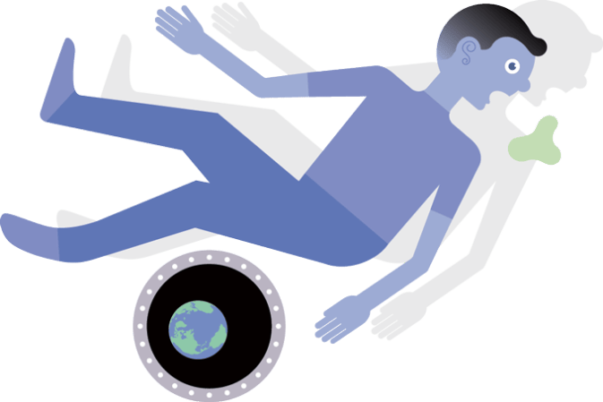 An illustration of a cartoon astronaut floating in a space station and burping