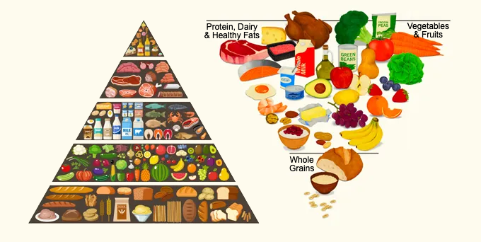 Illustration of the new food guide pyramid and an older one