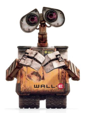 The trash-compacting robot, Wall-E, stands against a white background