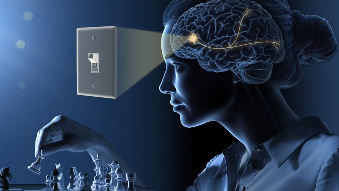 An illustration of a light switch and the brain of a person playing chess.