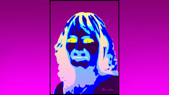 a brightly colored negative image of a face against a purple gradient background, designed to produce an afterimage