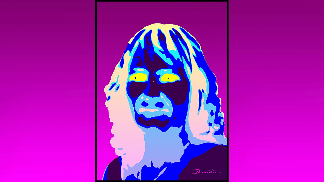 a brightly colored negative image of a face against a purple gradient background, designed to produce an afterimage