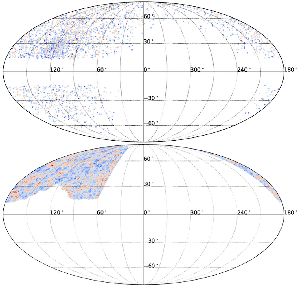 two maps showing where fast radio bursts have been located in a sky map