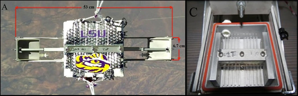 a composite image showing a germ catcher Byran used in 2013 on the left and the box that captured the microbes on the right