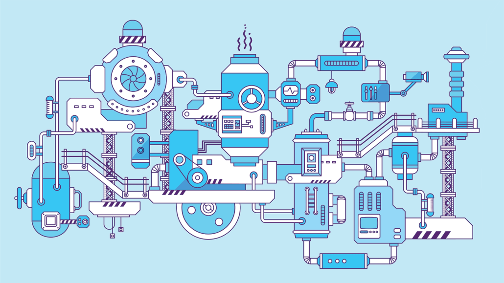 an illustration of a complicated Rube Goldberg machine