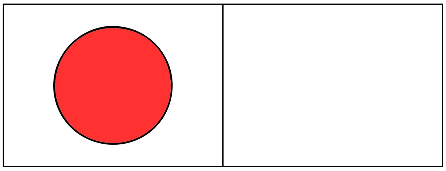 a rectangle is divided into two equal boxes side by side, a red circle is in the left box.
