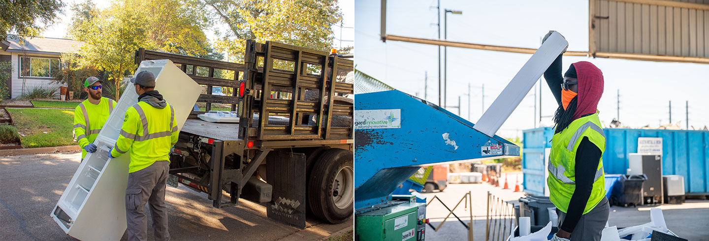 a composit image showing a worker recycling strofoam and tow other workers picking up a refrigerator