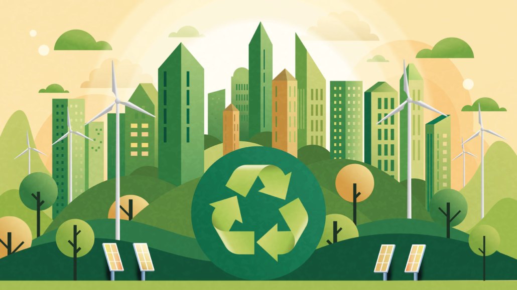 an illustration showing a stylized city in green and orange with a prominent recycling symbol in the middle