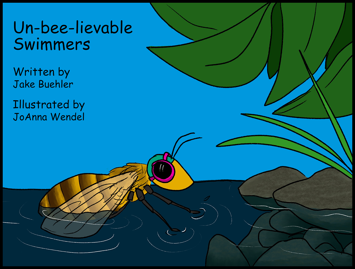  a bee wearing pink goggles swims across a shallow pool toward a rocky shore.
